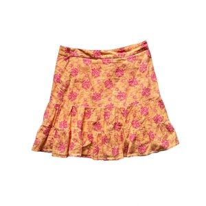 Vintage Y2K Gap Floral Linen Mini Skirt Boho Peasant Orange Tiered Ruffle 4/S